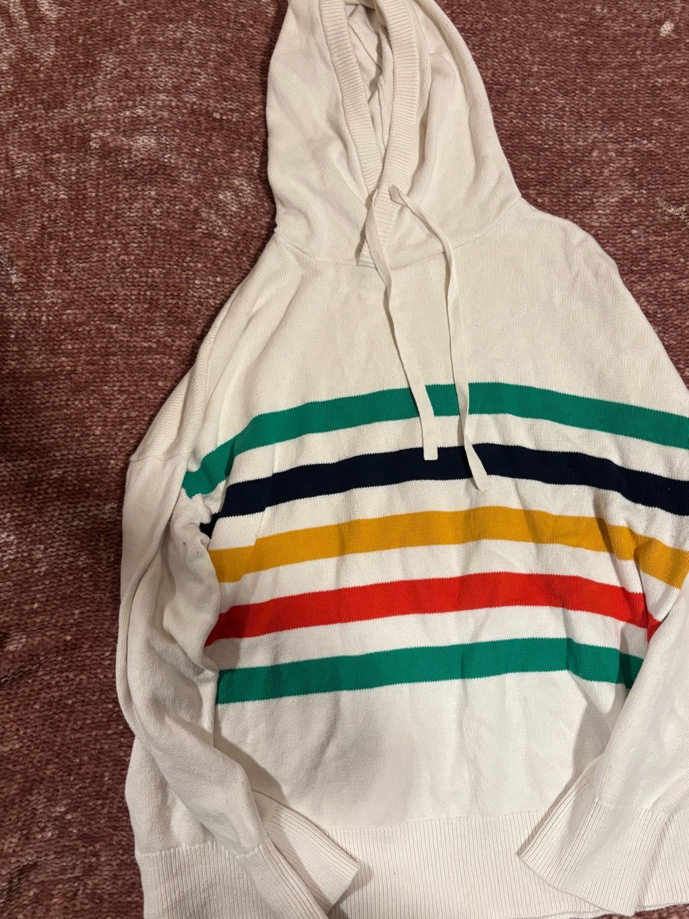 Lou & Grey Cream Hoodie with Green, Navy, Yellow, Red Stripes size XL